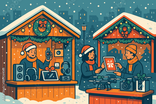 Winter market with people selling electronics and gifts during snow in a festive setting