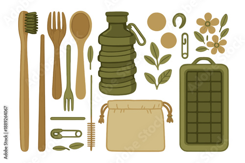 Items for daily use including kitchen utensils, a water bottle, and accessories arranged in a neat layout for easy view