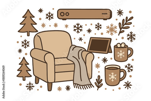 Cozy chair with blanket, drinks, and decorations in a warm indoor setting during winter season