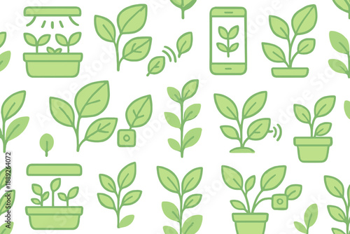 Various plant icons and motifs in green colors showing different stages of growth on a simple background