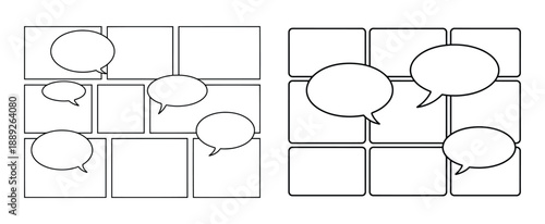 Blank comic strip templates, Blank Comic Strip Book, Empty comic page template vector line art style, Blank Comic Strip Layout with Speech Bubbles Panel Frames