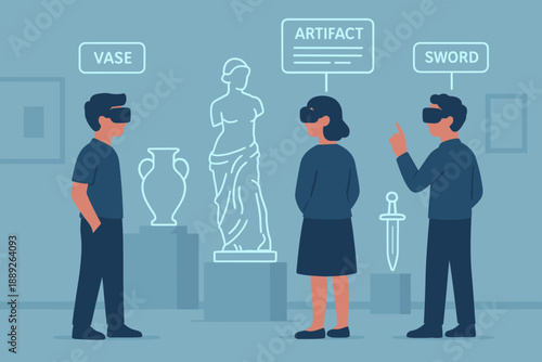 Group of people interacting with virtual reality in a museum setting while learning about artifacts