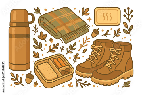 Winter outdoor essentials for a day hike with warm food, boots, and cozy gear