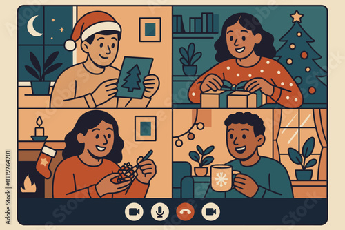 Video call during holiday season with friends exchanging gifts and sharing moments in different rooms