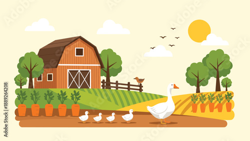 Peaceful farm landscape shows a red barn under a bright sun with a white goose leading its small goslings past carrot patches.