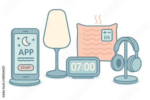 Devices and objects on a table at home in the morning with a smartphone, lamp, clock, and headphones present
