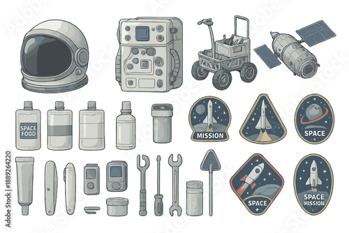 Exploration tools and items used in space missions for astronauts and research activities in outer space
