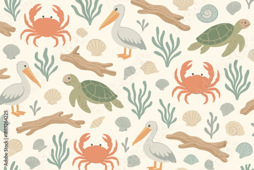 Colorful sea creatures and plants design comes from a fun underwater theme with turtles, crabs, and birds in a playful pattern