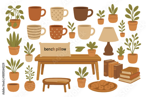 Various items in a cozy indoor setting with plants, cups, furniture, and books arranged on a table