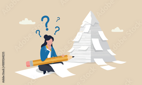 Writer, peak , writer meditate on blank paper and holding big pencil thinking about idea to write in her blog or journal