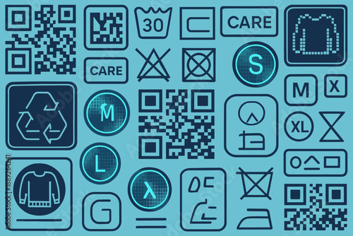 Different types of care labels and QR codes on a blue background showing size and washing instructions for clothing