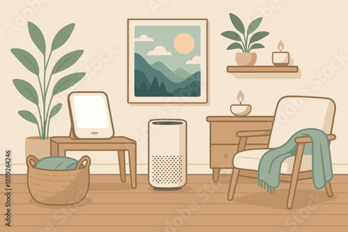 Modern living room design with plants, artwork, and furniture arranged in a cozy setting