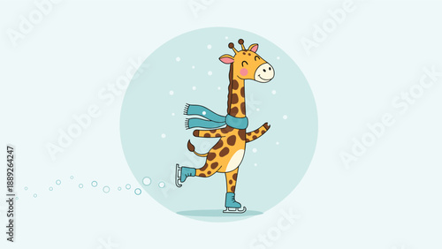 Joyful cartoon giraffe wearing a blue scarf and ice skates glides gracefully through a winter scene with falling snowflakes.