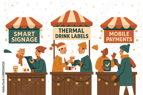 Crowd gathers around booths offering smart signage, thermal drink labels, and mobile payment options at a local market event