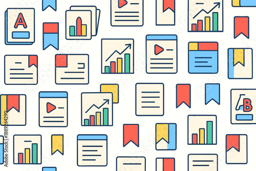 Different types of papers, graphs, and digital content arranged in a pattern on a white background during daytime