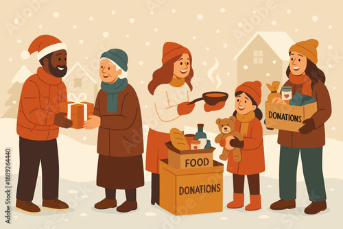 People give gifts and food donations in a snowy neighborhood during winter