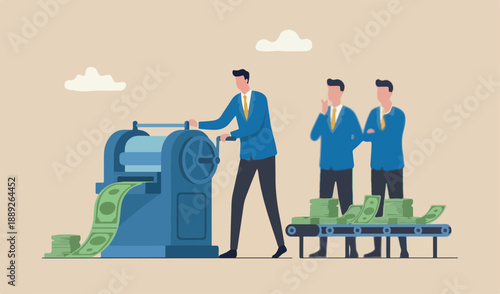 Printing money, quantitative easing policy by countries central team bank or FED, federal reserve to stimulate concept, businessman central bank man rolling money to print money banknotes.