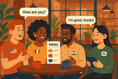 Friends gather in a cafe to talk and share food while reading the menu together in a cozy setting during the day