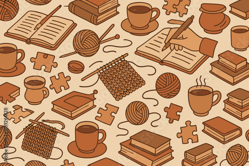 Warm scene with craft supplies, drinks, and books on a light background showing various relaxing activities people enjoy at home