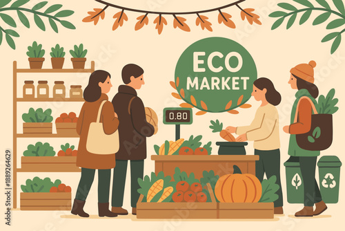 People shopping at an eco market with fresh produce and vegetables in a friendly setting during the daytime