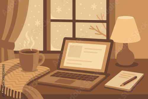 Cozy workspace setup with a laptop, coffee, and a notebook during a snowy day at home