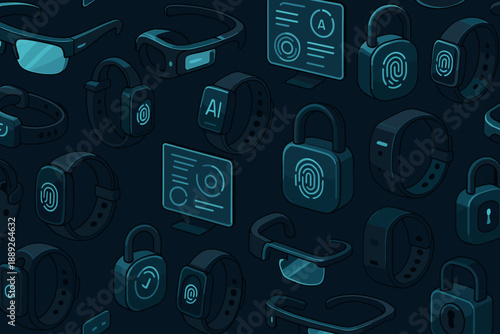 Modern technology designs with smart devices and wearables on a dark background showing various items in an organized pattern