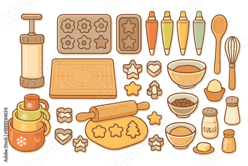 Baking supplies and ingredients set up for cookie making in a kitchen on a bright day