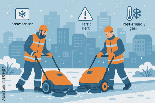Workers clear snow from the sidewalk in a city while using equipment for winter conditions