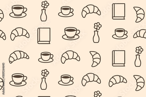 Pattern of cups, croissants, flowers, and books for a cafe setting or bakery design with warm colors and soft outlines