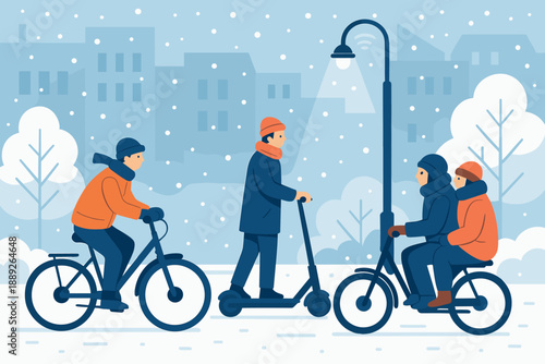 People using bikes and scooters in a city during winter with snow falling