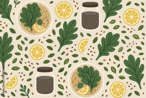 Patterns of greens, seeds, and lemons in a kitchen setting with jars and food items on a surface