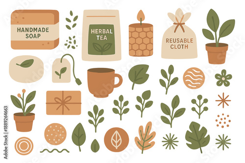 Craft items and nature elements displayed in a tidy arrangement on a white background