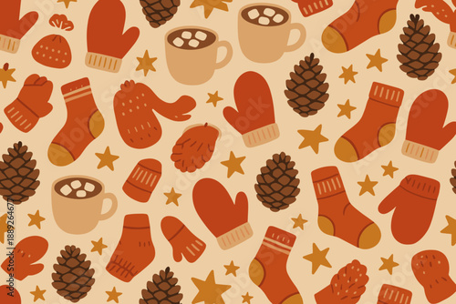 Patterns of winter items with mittens, hot drinks, and pinecones in a warm color theme during a cold season