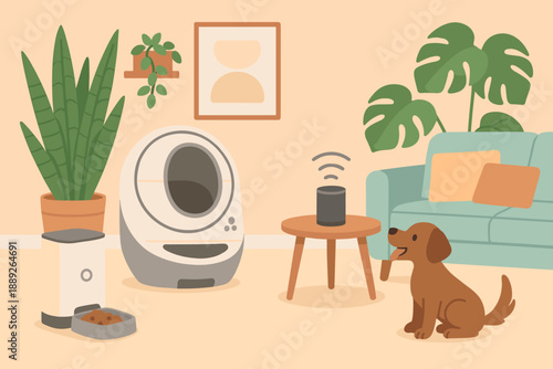 Pet dog sits near smart home device in cozy living room with plants and furniture