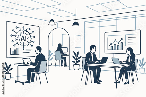 People work in an office with displays showing data and charts on artificial intelligence and technology