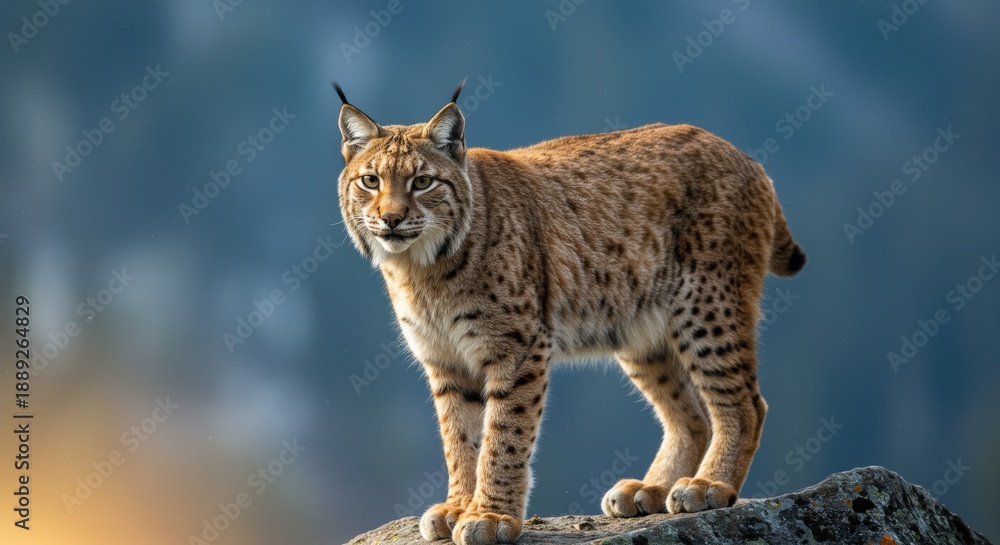 Obraz premium Full Portrait of a Wild Lynx Standing on a Rock Looking at Camera