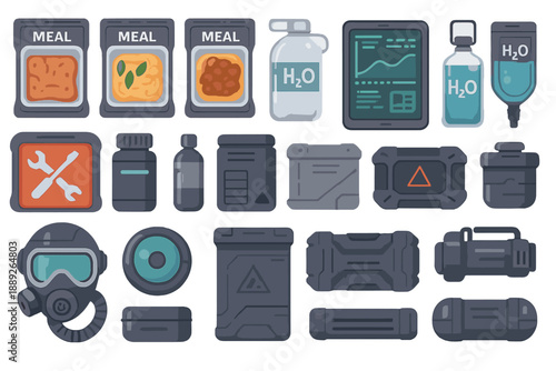 Collection of survival items and supplies on a flat surface showing various containers and equipment