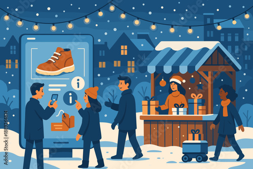 People browsing a shoe display on a smartphone at a winter market in a snowy town during the evening