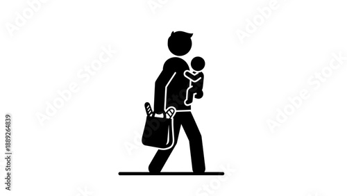 Simple black and white illustration of a man carrying a baby and a bag.