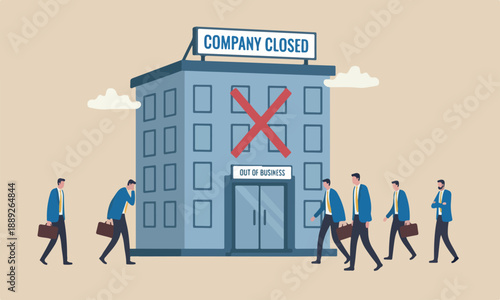 Close business, and business team meeting signboard problem recession concept, businessman walk away from closed company office.
