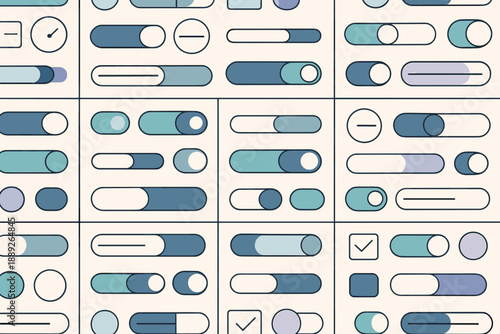 Collection of different toggle switches and sliders in various shapes and colors on a light background