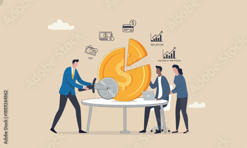 Money management planning wealth management or investment portfolio, paying for tax, loan or debt, inflation concept, businessman using pizza cutter to split golden dollar money coin