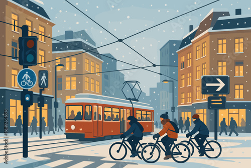 Winter scene in a city with a tram and cyclists on a snowy day