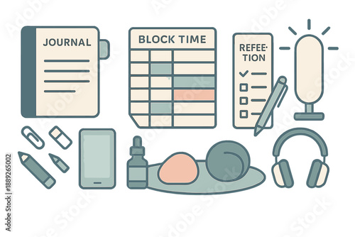 Tools for organizing time and reflecting in a workspace with a journal, planner, and tech items placed neatly on a desk