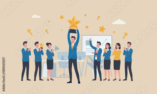 Professional, meeting teams employee or specialist with skills to achieve goal concept, success businessman and businesswoman professional stand with star award