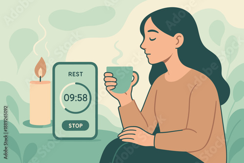 Moment of rest with a cup of tea and a lit candle in a peaceful indoor setting at morning