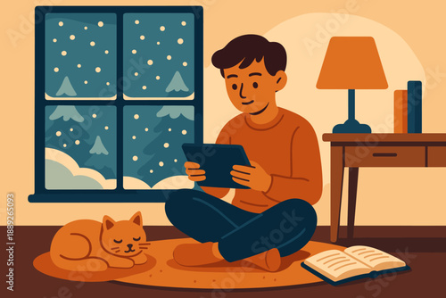 Reading indoors while snow falls outside with a cat nearby in a warm room during winter
