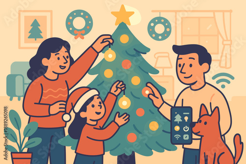 Family decorates Christmas tree with ornaments in living room during holiday season