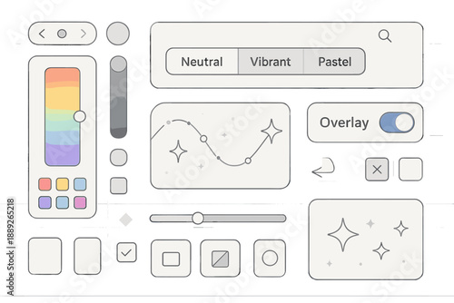 Various user interface elements for design applications showcasing color palettes and effects