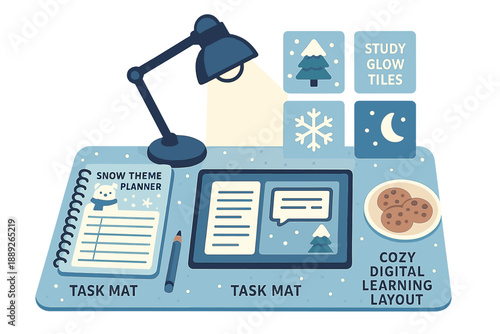 Desk setup with study materials and snow theme planner showing organization for winter learning activities